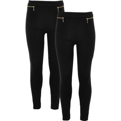 Girls black ponte zip leggings two pack